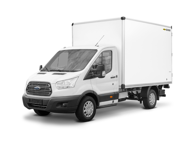 Foto van een witte Ford-bestelwagen met witte Humbaur-flexbox.