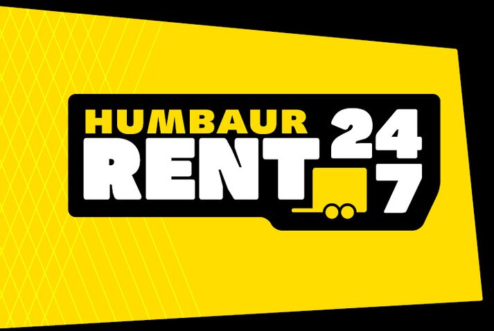 Schriftzug Humbaur Rent 24/7 auf gelb-schwarzem Untergrund | © Humbaur GmbH