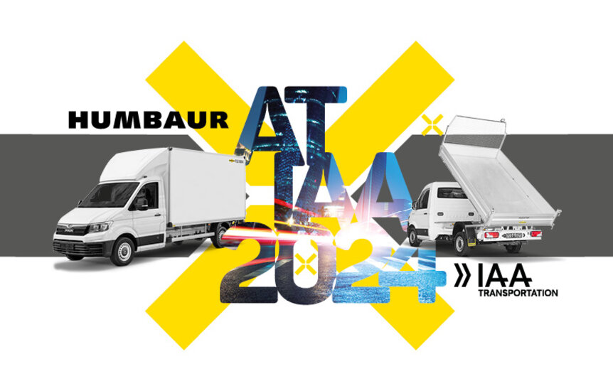 Two Humbaur box bodies on a grey background as an announcement for the IAA TRANSPORTATION 2024 | © Humbaur GmbH