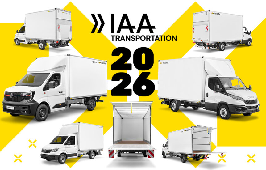 Seven Humbaur vehicle bodies on a yellow-and-white background as a preview of IAA Transportation 2026 | © Humbaur GmbH