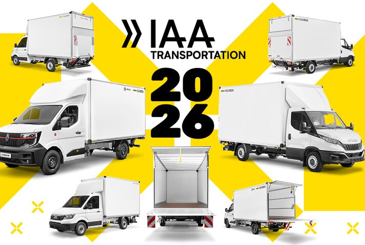 Sieben Humbaur Fahrzeugaufbauten auf gelb-weißem Hintergrund als Ankündigung zur IAA Transportation 2026 | © Humbaur GmbH