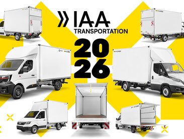 Sieben Humbaur Fahrzeugaufbauten auf gelb-weißem Hintergrund als Ankündigung zur IAA Transportation 2026 | © Humbaur GmbH