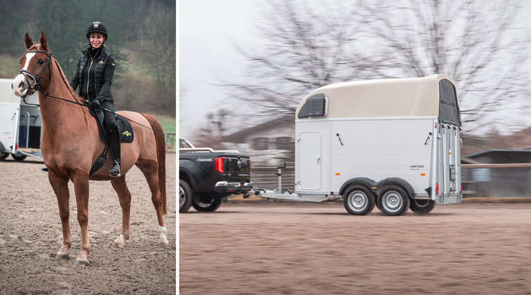 The picture on the left shows a lady sitting on her horse, and the picture on the right shows an Equitos Alu.