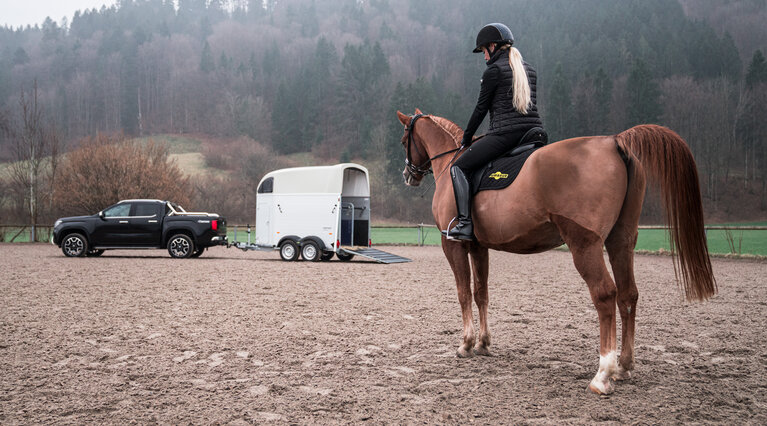 In the foreground, a lady can be seen riding her horse, and in the background, an Equitos Alu
