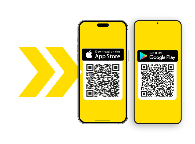 Ein Android und ein Apple Smartphone mit jeweils einem QR Code zum Download der Humbaur Rent 24/7 App.